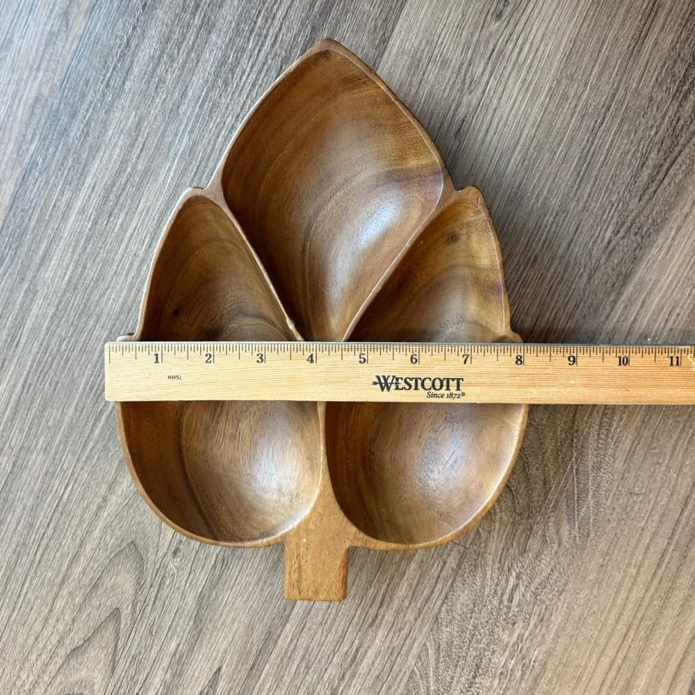 Vintage Monkey Pod Wood Leaf Serving Tray 3 Compartment Hand Carved Dish 11in